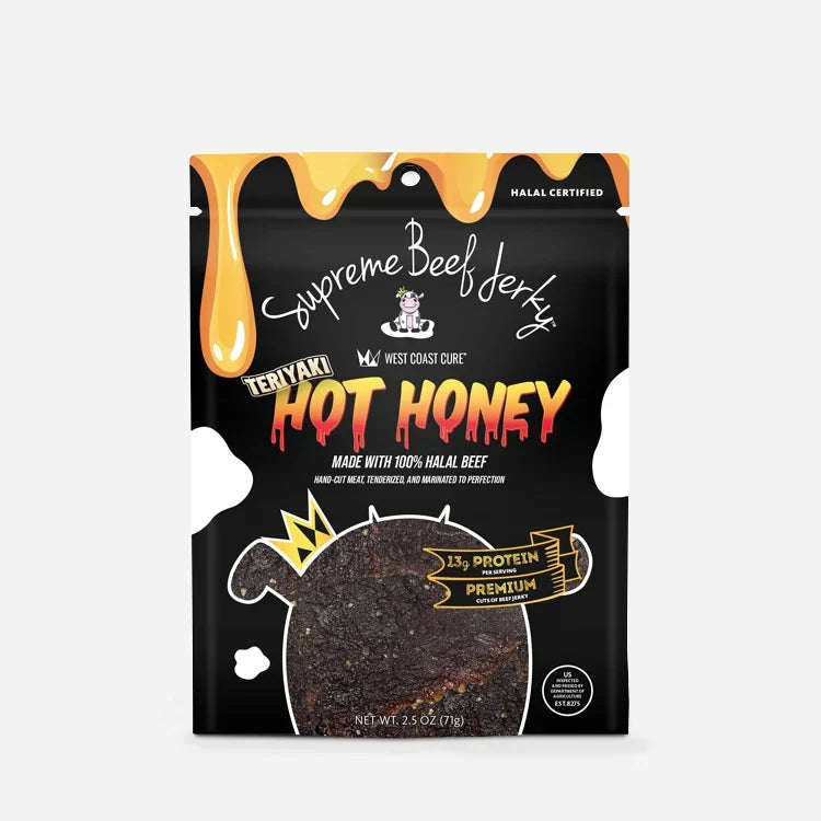 Supreme Beef Jerky NEW HALAL BEEF JERKY, MARINATED BEEF JERKY TERIYAKI, HANDCRAFTED GOURMET MEAT SNACKS, 2.5 OZ (TERIYAKI HOT HONEY)