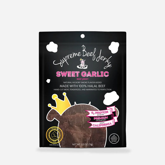 Supreme Beef Jerky HALAL BEEF JERKY, MARINATED BEEF JERKY, HANDCRAFTED GOURMET MEAT SNACKS, 2.5 OZ (SWEET GARLIC)