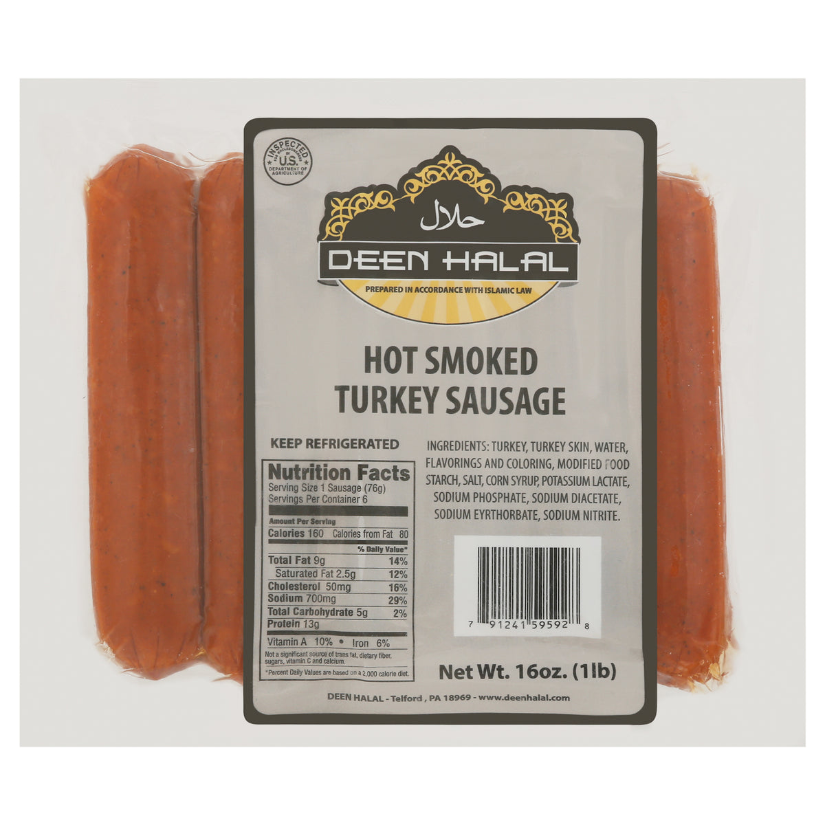 Deen Halal Hot Smoked Hot Smoked Turkey Sausage 16 oz